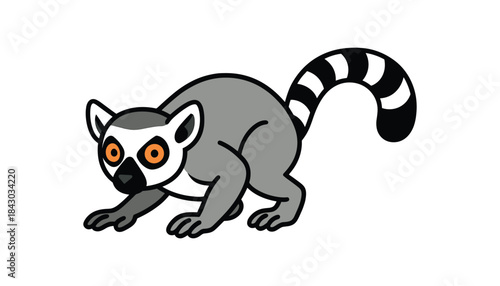 Flat vector illustration of bright ringtailed lemur crouching low like sneaking tail straight back rounded shapes clean outline clean white background
