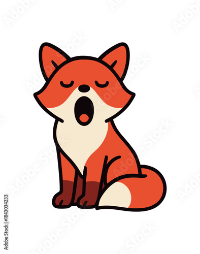 Flat vector illustration of bright red fox yawning with sleepy eyes tail draped rounded shapes clean outline clean white background