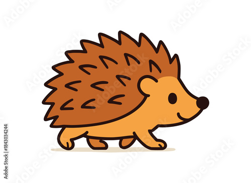 Flat vector illustration of bright hedgehog walking forward with tiny steps side view rounded shapes clean outline clean white background