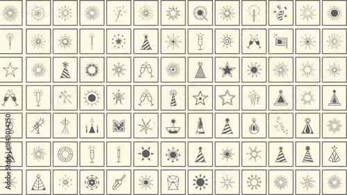 Collection of vintage style hand drawn party and celebration icons stars, snowflakes, party hats, champagne glasses, fireworks, and abstract shapes on beige background