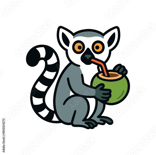Flat vector illustration of bright ringtailed lemur holding coconut drink icon with straw tropical sip pose rounded shapes clean outline clean white background