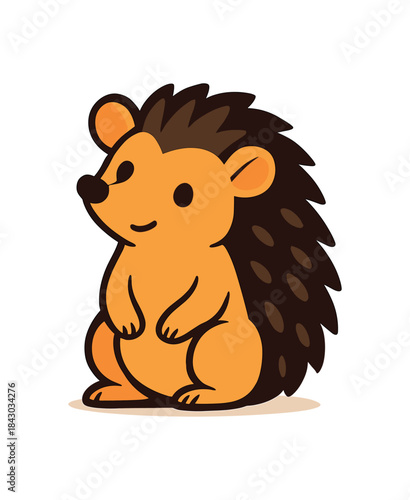 Flat vector illustration of bright hedgehog sitting on hind legs with head tilted listening pose rounded shapes clean outline clean white background