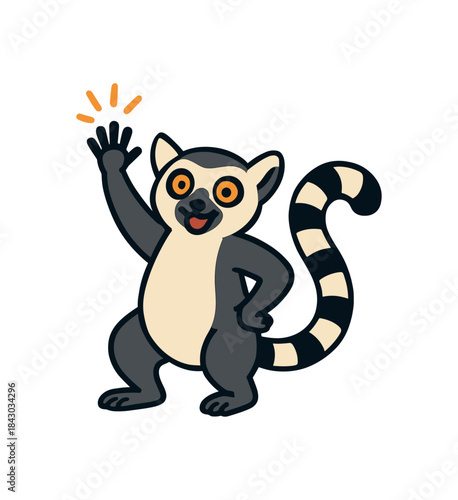 Flat vector illustration of bright ringtailed lemur highfive gesture with one paw up cheerful pose rounded shapes clean outline clean white background