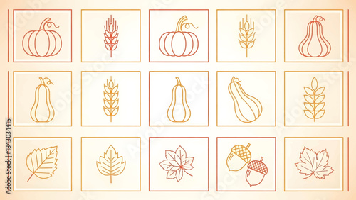 Set of handdrawn autumn harvest icons pumpkins, wheat stalks, gourds, leaves, and acorns in a grid layout with a vintage, sepiatoned aesthetic