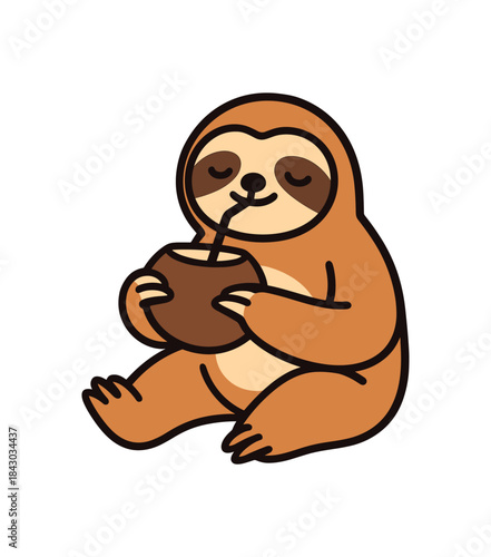Flat vector illustration of bright sloth sipping coconut drink icon with straw while sitting tropical chill pose rounded shapes clean outline clean white background