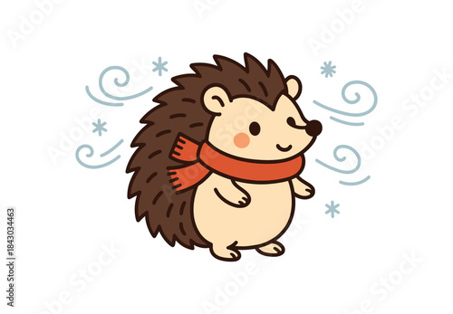 Flat vector illustration of bright hedgehog with tiny scarf winter breeze cute pose rounded shapes clean outline clean white background