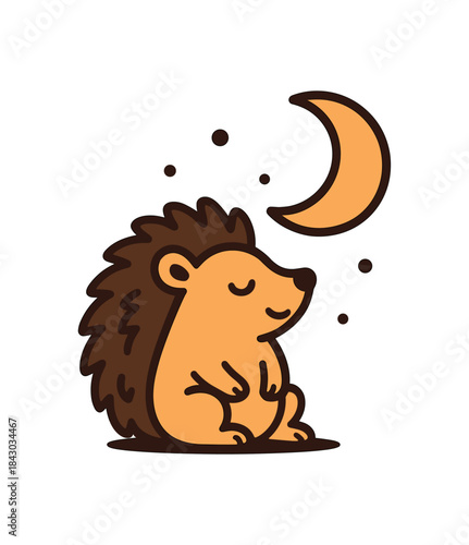 Flat vector illustration of bright hedgehog sitting under crescent moon night calm pose rounded shapes clean outline clean white background