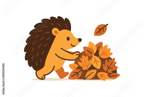 Flat vector illustration of bright hedgehog pushing little leaf pile autumn tidy pose rounded shapes clean outline clean white background