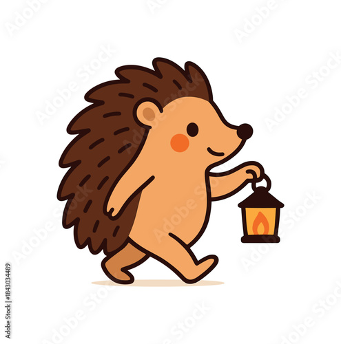 Flat vector illustration of bright hedgehog holding tiny lantern evening walk pose rounded shapes clean outline clean white background