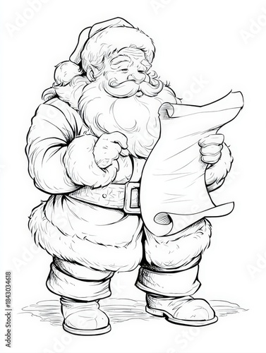 A classic, retro black and white line-art illustration of Santa Claus holding his scroll list. Perfect for holiday coloring books, vintage Christmas design, and children's seasonal activities