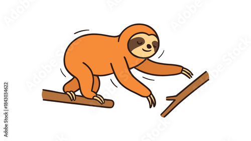 Flat vector illustration of bright sloth stepping onto new branch midmove slowmotion pose with subtle lines rounded shapes clean outline clean white background