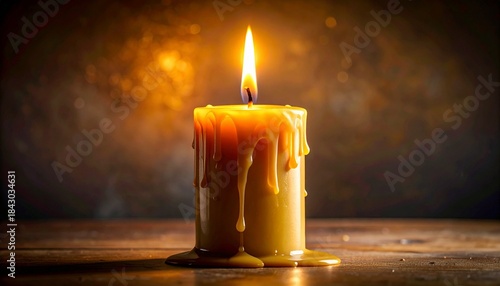 Candle Dripping Down. Half-melted candle with long wax drips frozen in motion, soft warm lighting.