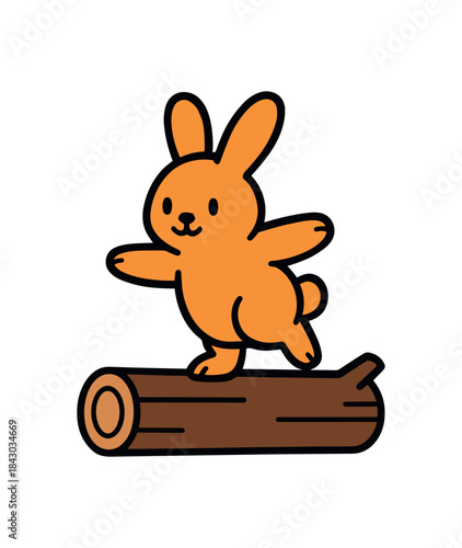 Flat vector illustration of bright rabbit balancing on log rounded shapes clean outline clean white background