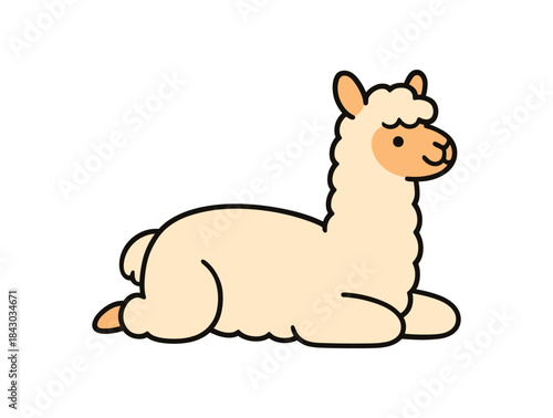 Flat vector illustration of bright alpaca lying on belly with chin up relaxed pose rounded shapes clean outline clean white background