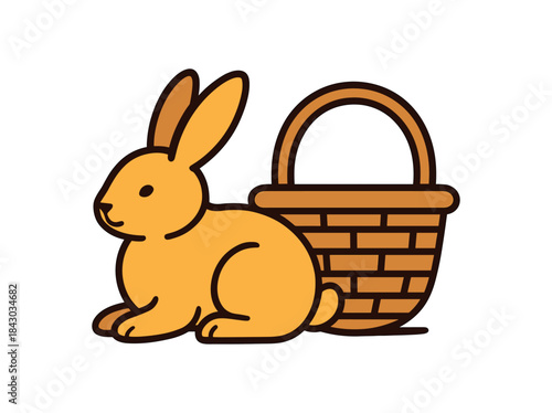 Flat vector illustration of bright rabbit resting beside wicker basket rounded shapes clean outline clean white background