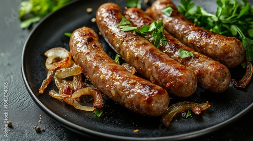 Side view of fried sausages with garlic and onions on dark plate for cooking tutorials, snack recipe content, and gourmet food promotions