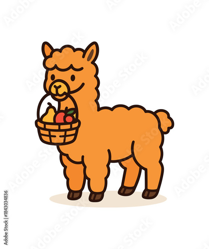 Flat vector illustration of bright alpaca carrying small basket of fruit with mouth strap icon countryside pose rounded shapes clean outline clean white background