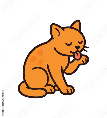 Flat vector illustration of bright cat sitting and licking paw while grooming rounded shapes clean outline clean white background