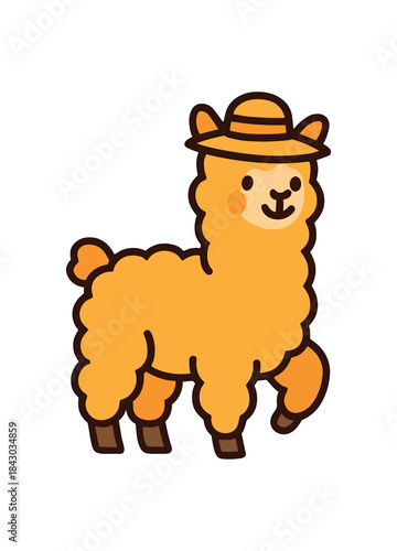 Flat vector illustration of bright alpaca wearing tiny sunhat summer vacation vibe rounded shapes clean outline clean white background