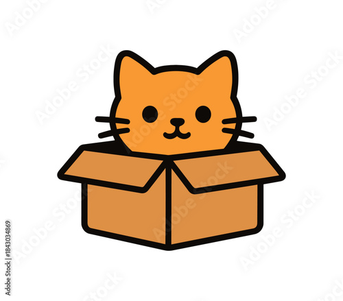 Flat vector illustration of bright cat hiding inside cardboard box rounded shapes clean outline clean white background