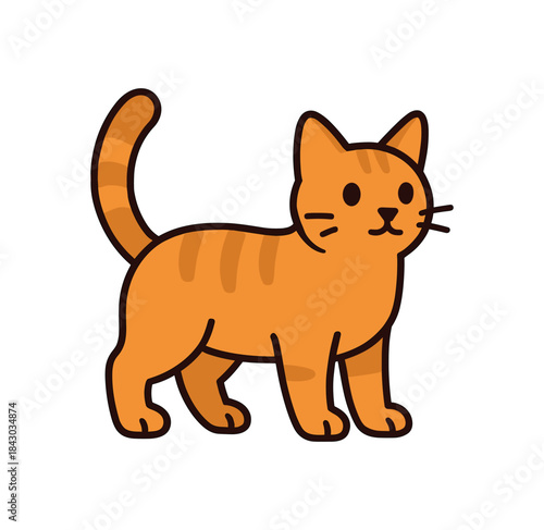 Flat vector illustration of bright cat standing alert with raised tail and perked ears rounded shapes clean outline clean white background