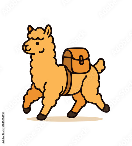 Flat vector illustration of bright alpaca trotting with tiny backpack icon adventure pose rounded shapes clean outline clean white background