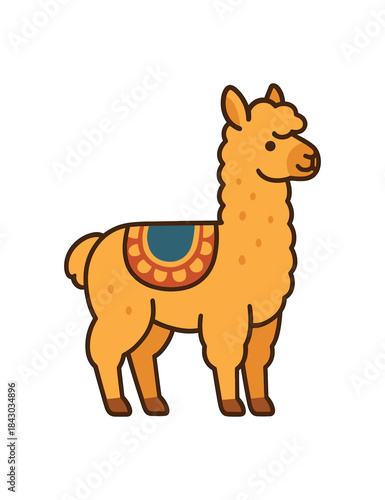 Flat vector illustration of bright alpaca with small saddle blanket icon on back standing ready for trek rounded shapes clean outline clean white background