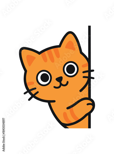 Flat vector illustration of bright cat peeking around corner with curious eyes rounded shapes clean outline clean white background
