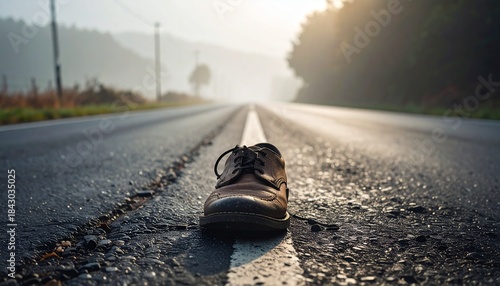 Worn single shoe placed on an empty foggy road, emotional and cinematic mood.