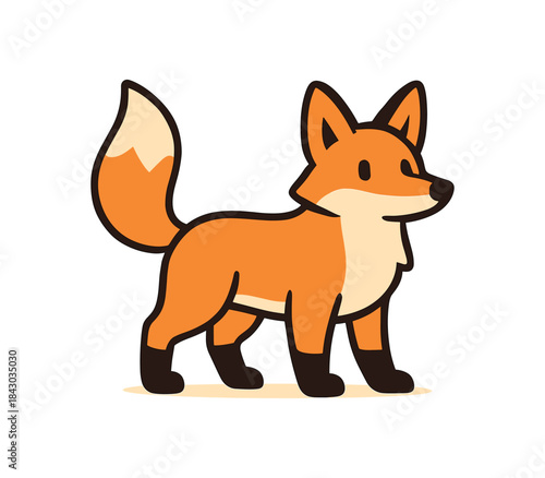 Flat vector illustration of bright fox standing alert with ears perked and tail raised rounded shapes clean outline clean white background