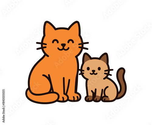 Flat vector illustration of bright cat sitting with kitten friend rounded shapes clean outline clean white background