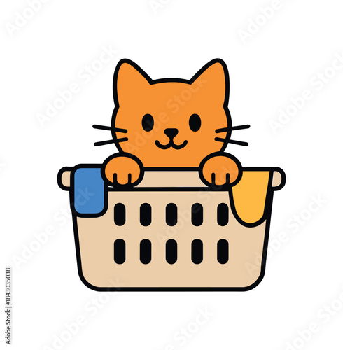 Flat vector illustration of bright cat peeking from laundry basket rounded shapes clean outline clean white background