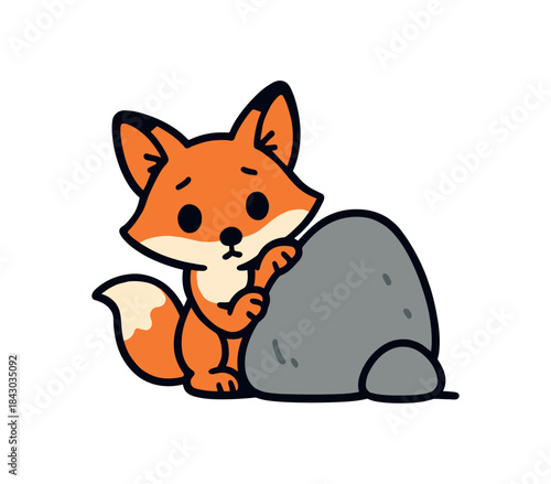 Flat vector illustration of bright fox peeking from behind rock shy curious pose rounded shapes clean outline clean white background