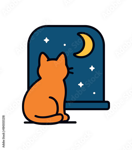 Flat vector illustration of bright cat gazing at moon through window night calm pose rounded shapes clean outline clean white background