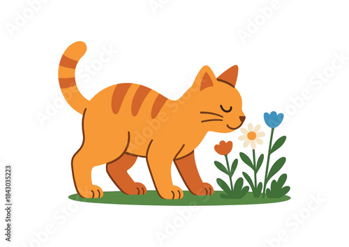 Flat vector illustration of bright cat sniffing wildflowers outdoors rounded shapes clean outline clean white background