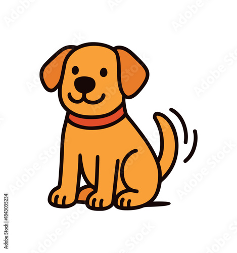 Flat vector illustration of bright dog sitting obediently with wagging tail rounded shapes clean outline clean white background