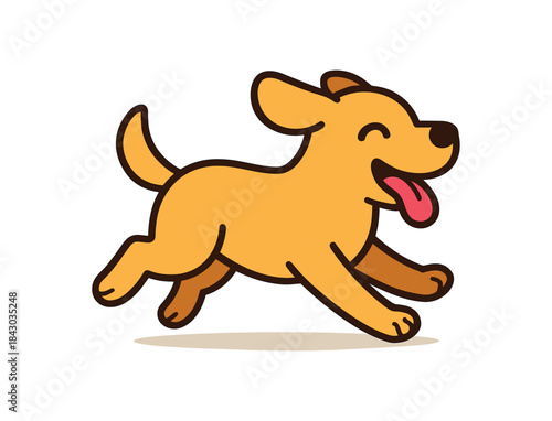 Flat vector illustration of bright dog running happily with tongue rounded shapes clean outline clean white background