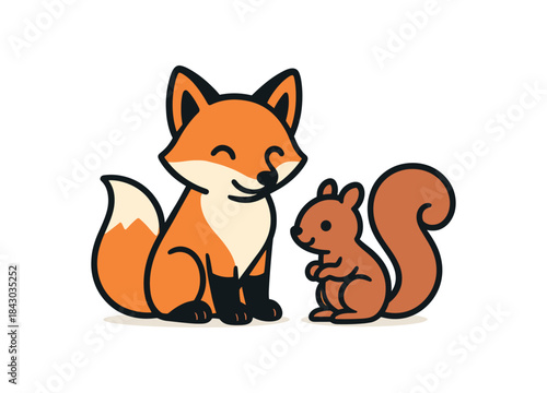 Flat vector illustration of bright fox sitting with squirrel friend icon beside gentle friendship rounded shapes clean outline clean white background