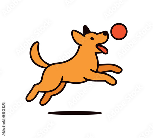 Flat vector illustration of bright dog jumping midair catching ball rounded shapes clean outline clean white background