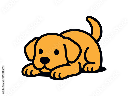 Flat vector illustration of bright dog lying on belly resting head on paws rounded shapes clean outline clean white background