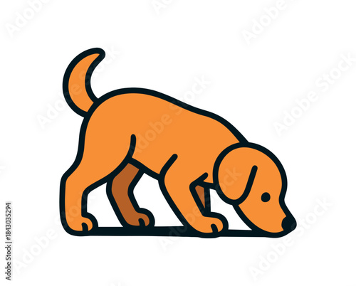 Flat vector illustration of bright dog sniffing the ground rounded shapes clean outline clean white background