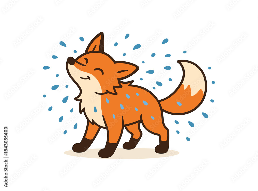 Fototapeta premium Flat vector illustration of bright fox shaking off water after rain tiny droplets around rounded shapes clean outline clean white background