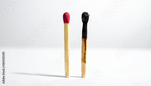 Two matches side by side: one burned to ash, one new and unused.