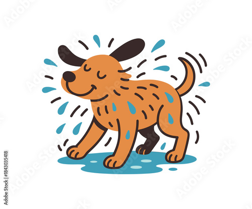Flat vector illustration of bright dog shaking off water after bath rounded shapes clean outline clean white background