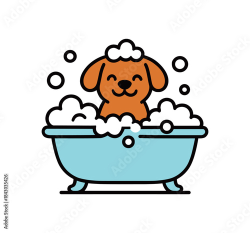 Flat vector illustration of bright dog sitting bathtub with bubbles rounded shapes clean outline clean white background