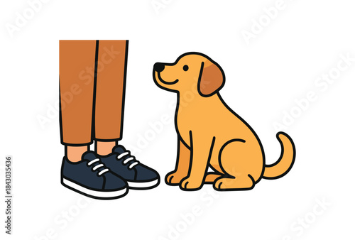 Flat vector illustration of bright dog sitting beside owner shoes rounded shapes clean outline clean white background