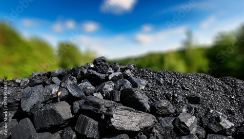 a close up view of a pile of black coal against a blurred background of green trees and blue sky the scene represents natural resources and mining