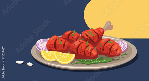 Delicious animated plate of Indian tandoori chicken, garnished with lemon, onion, and chili, against a dark background with copy space.