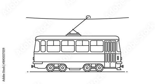 Minimalist black and white line art animation of a city tram or streetcar, representing urban public transportation and city life.