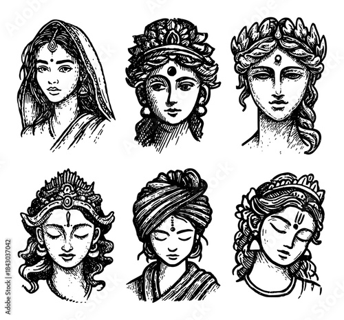 Set of hand drawn portraits of Indian women and Hindu goddesses Beautiful traditional faces in vintage sketch style Vector illustration